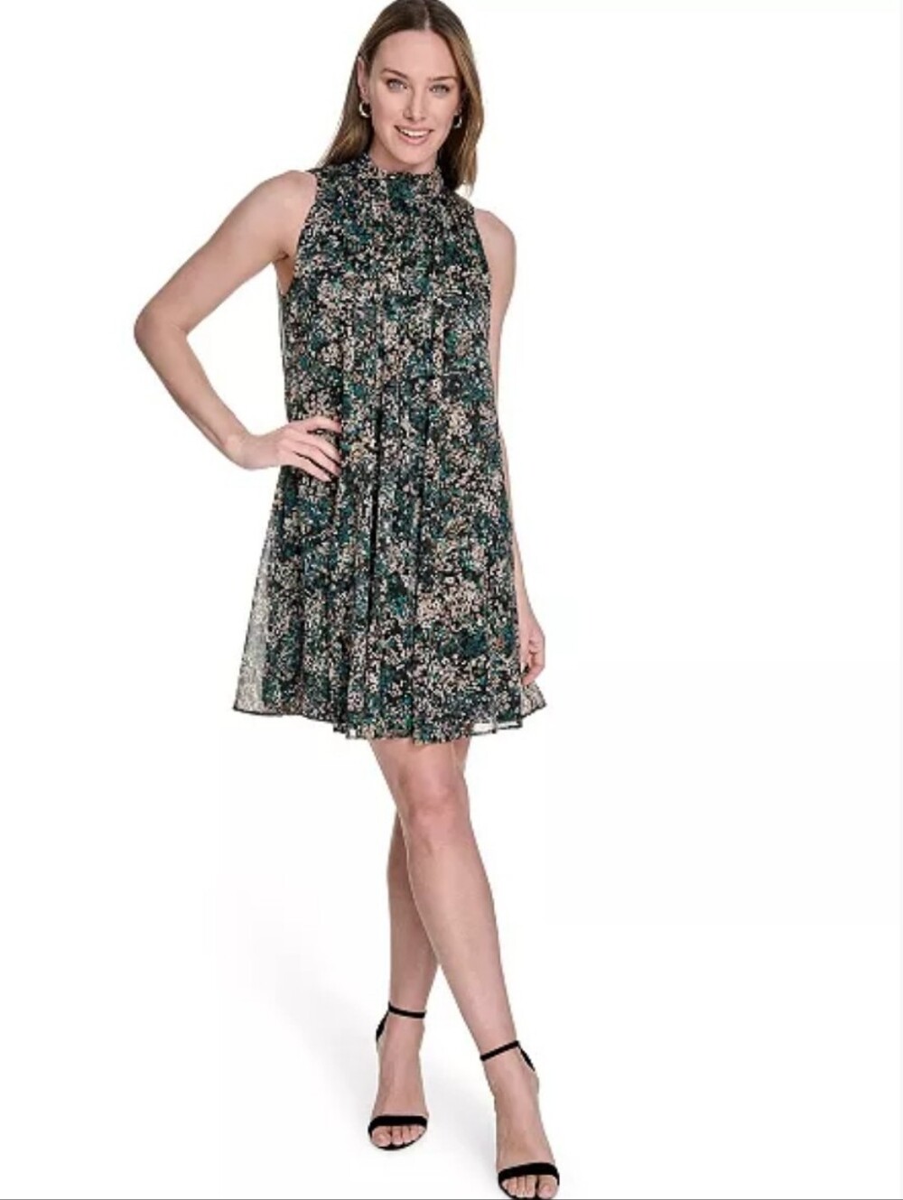 Tommy Hilfiger Sleeveless Floral Print Dress Cowl Neck Green Black Size 12 Party - Picture 2 of 11